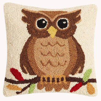 Fall Owl Hooked Pillow -10"