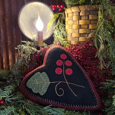 Christmas Heart Pillow W/Berry & Leaf Applique Wool 12" x 11"