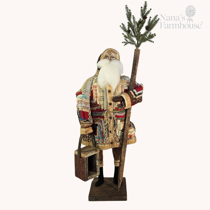 Santa with Quilted Robe Holding Lantern with Tree & Greenery - 40"