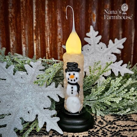 Snowman Front Wooden Based Taper Candle - 7"