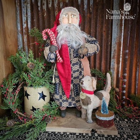 Primitive Santa in Blue Coverlet with Spot The Dog