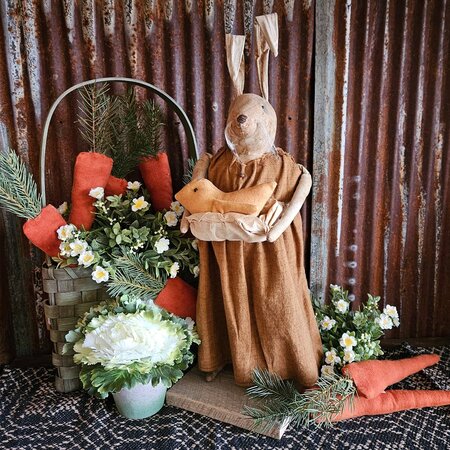 Girl Rabbit in Sienna Dress Holding Baby Chick In Apron 21"