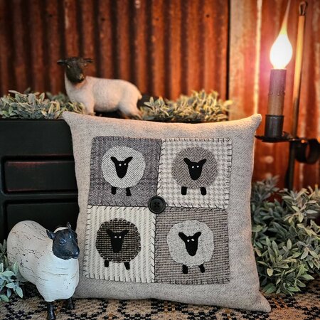 Four Pane Sheep Wool Applique Pillow