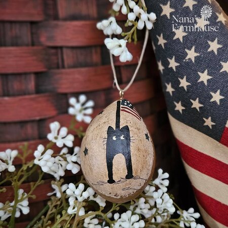 Americana Gourdaments Hand Painted Black Cat with Flag