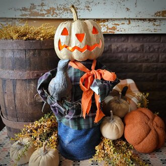 Pumpkin Head Boy Carved with Light Holding Crow